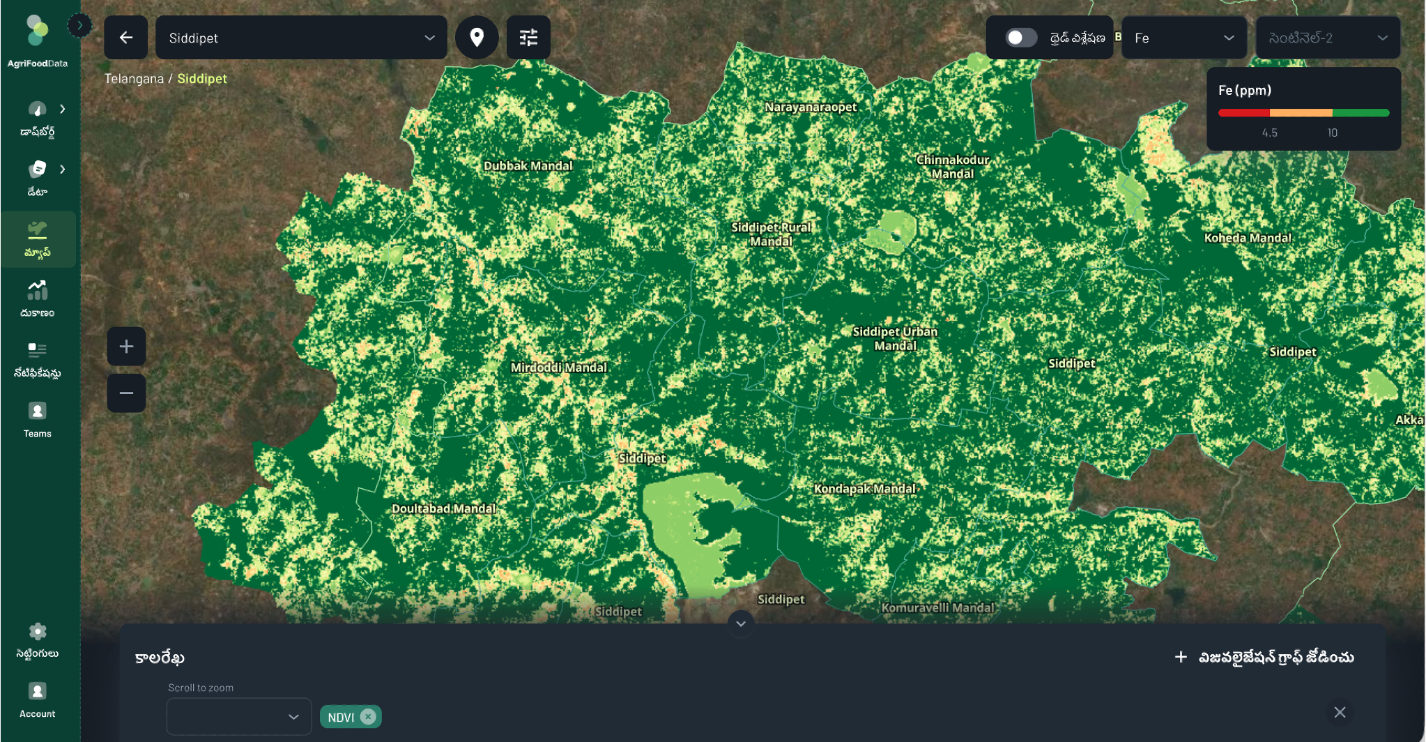 Soil-monitoring dashboard for Siddipet, Telangana — iron (Fe) layer over Sentinel-2 imagery